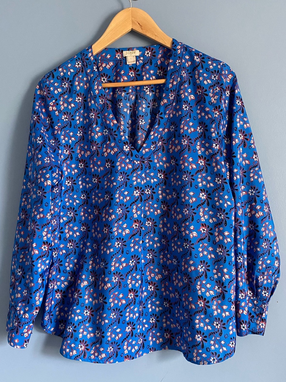 J. Crew Royal Blue Floral V-Neck Blouse